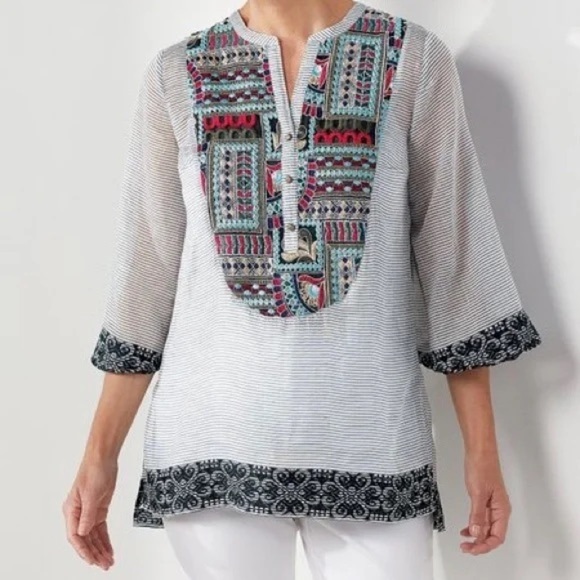 SOFT SURROUNDINGS Havana Grey Stripe Sheer Embroidered Tunic Top Size L - Picture 1 of 11